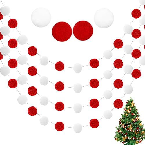 4 adornos para árbol de Navidad, guirnalda de bolas de pompón rojoblanco de 7.2 pies, guirnalda de bolas de fieltro de lana para colgar árbol de