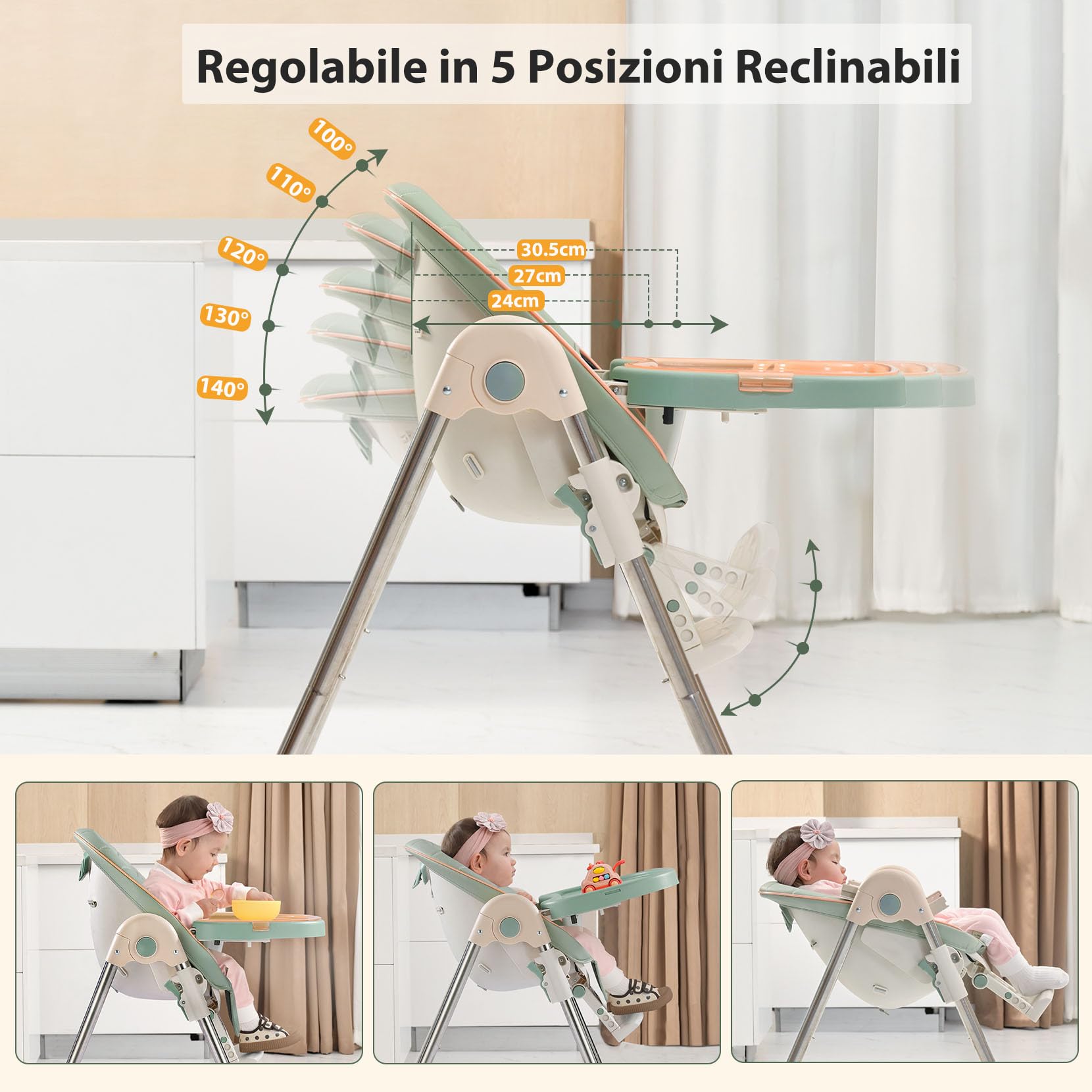 OUNUO Seggiolone Pappa, Seggiolino da Tavolo Pieghevole, Seggioline per bambini da 6 Mesi fino a 6 anni, Piatto da Cena Smontabile, Pedale e Schienale Regolabili in Altezza (Verde)