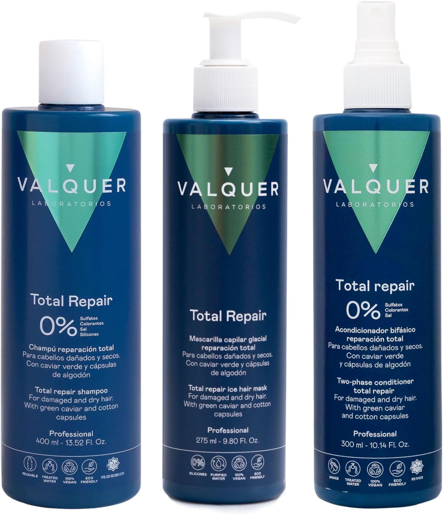 Valquer Total Repair Zero Pack Shampoo 400 ml Mask 275 ml and Biphasic Conditioner 300 ml Repairs Softens and Nourishes Damaged and Dry Hair Intensive Hydration with Green Caviar and Vitamin E.
