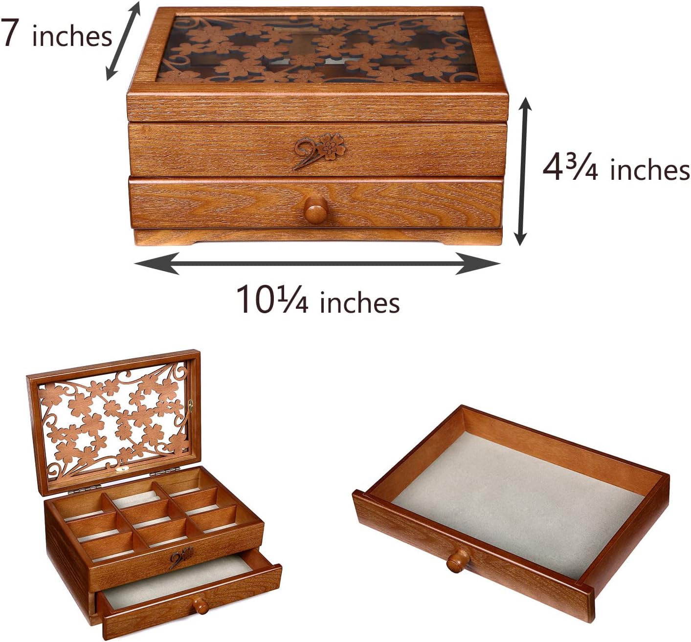 Changsuo Wooden Jewelry Box for Women with, Drawers, Small Jewelry Storage Organizer