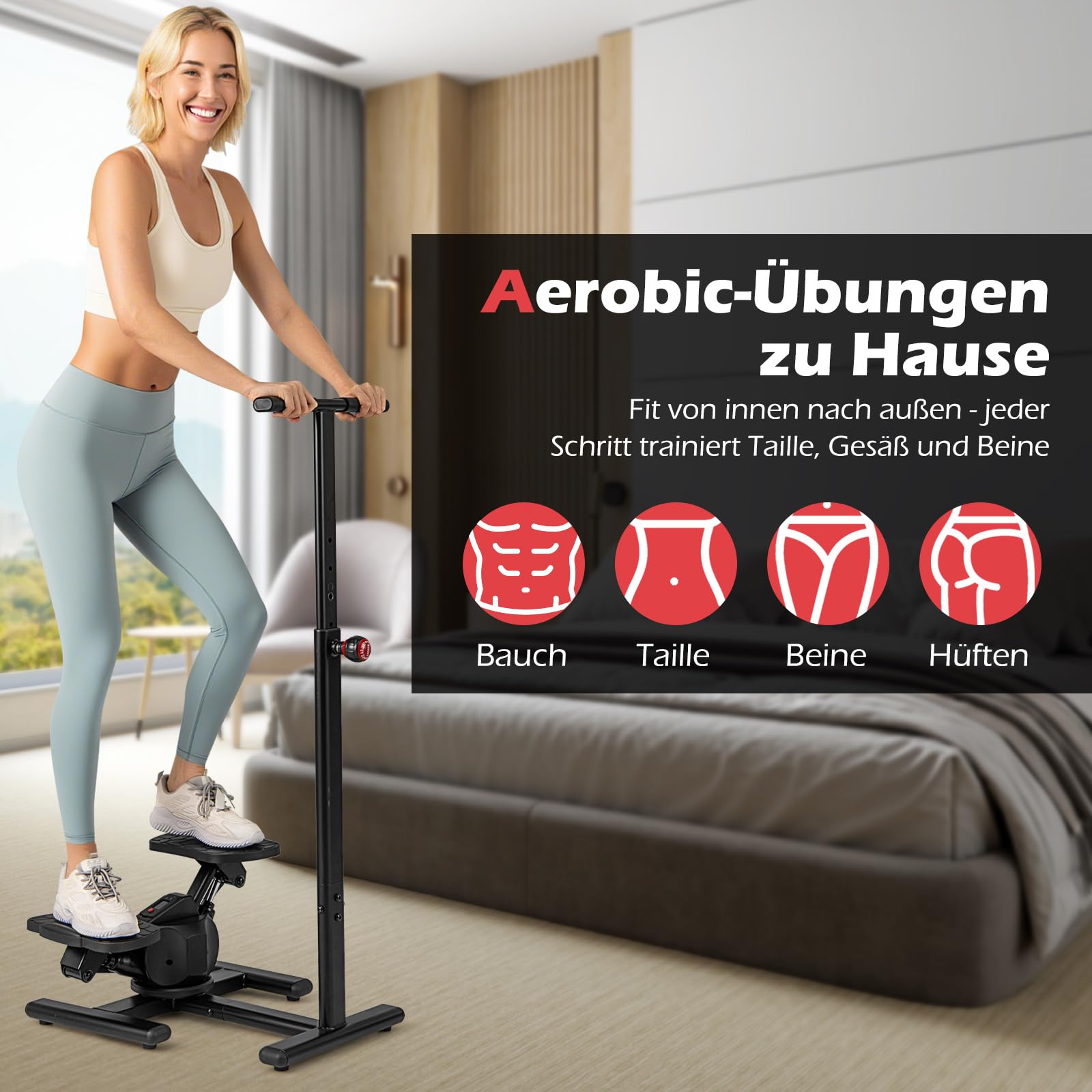 COSTWAY Stepper z kierownicą, stepper fitness z regulowanym rezystorem i wyświetlaczem LCD, wspinaczka schodowa z uchwytem o regulowanej wysokości, do domu, biura, na siłownię