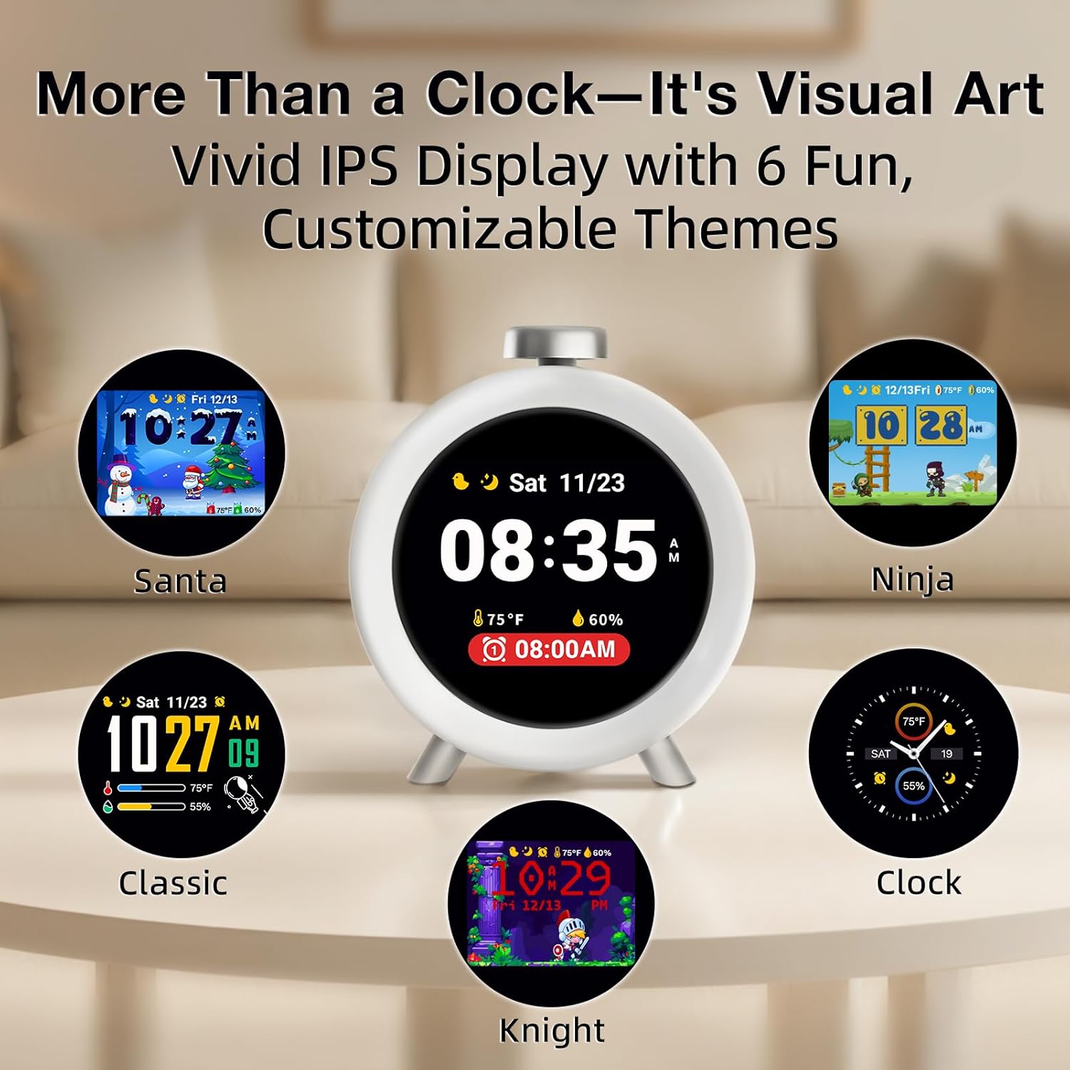 Dekala ChronoSense Alarm Clock showing various customizable display themes.