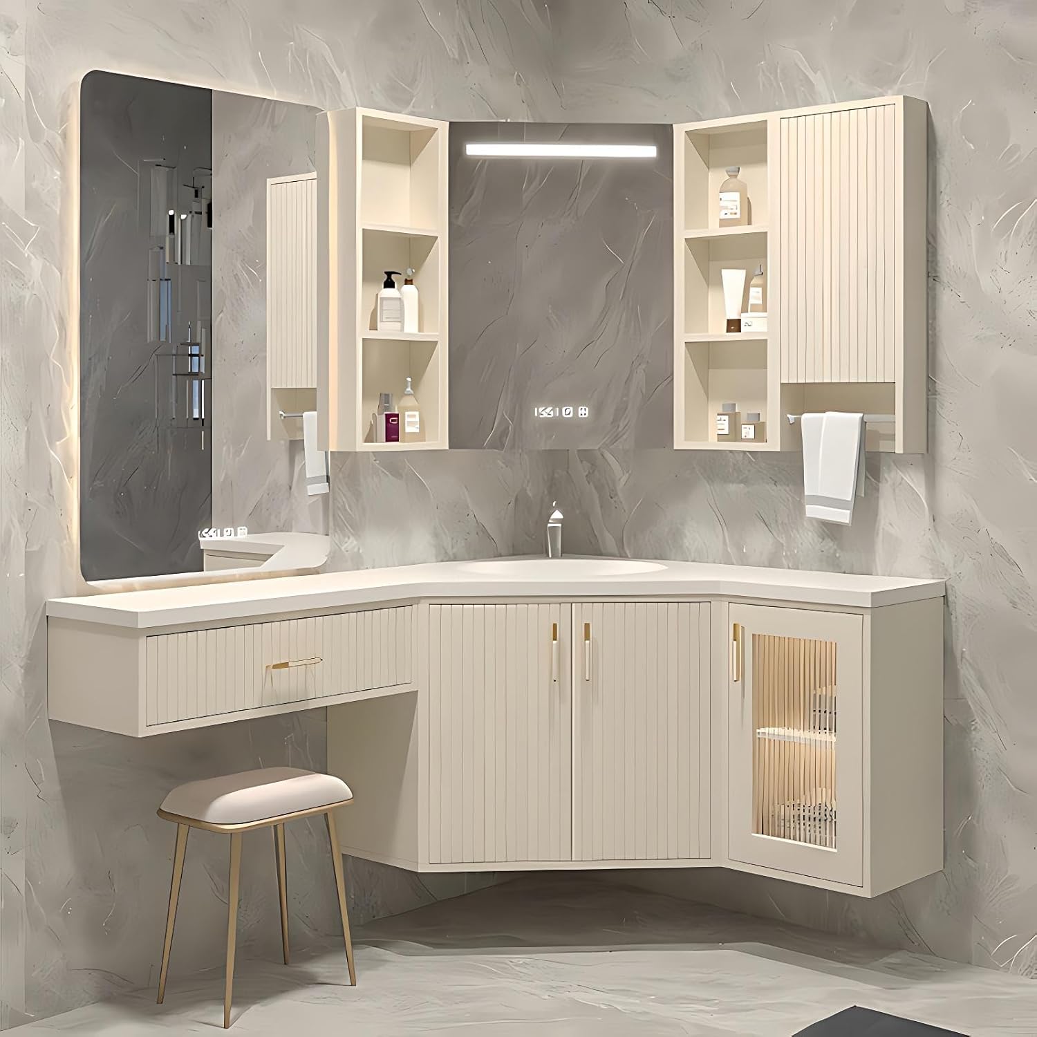 Corner Bathroom Vanity with Sink - Modern Floating Corner Bathroom Vanity with Makeup Vanity & Smart Defog Mirror, Stylish Sink Cabinet with Storage, Includes Makeup Stool (Off-White, 32IN)