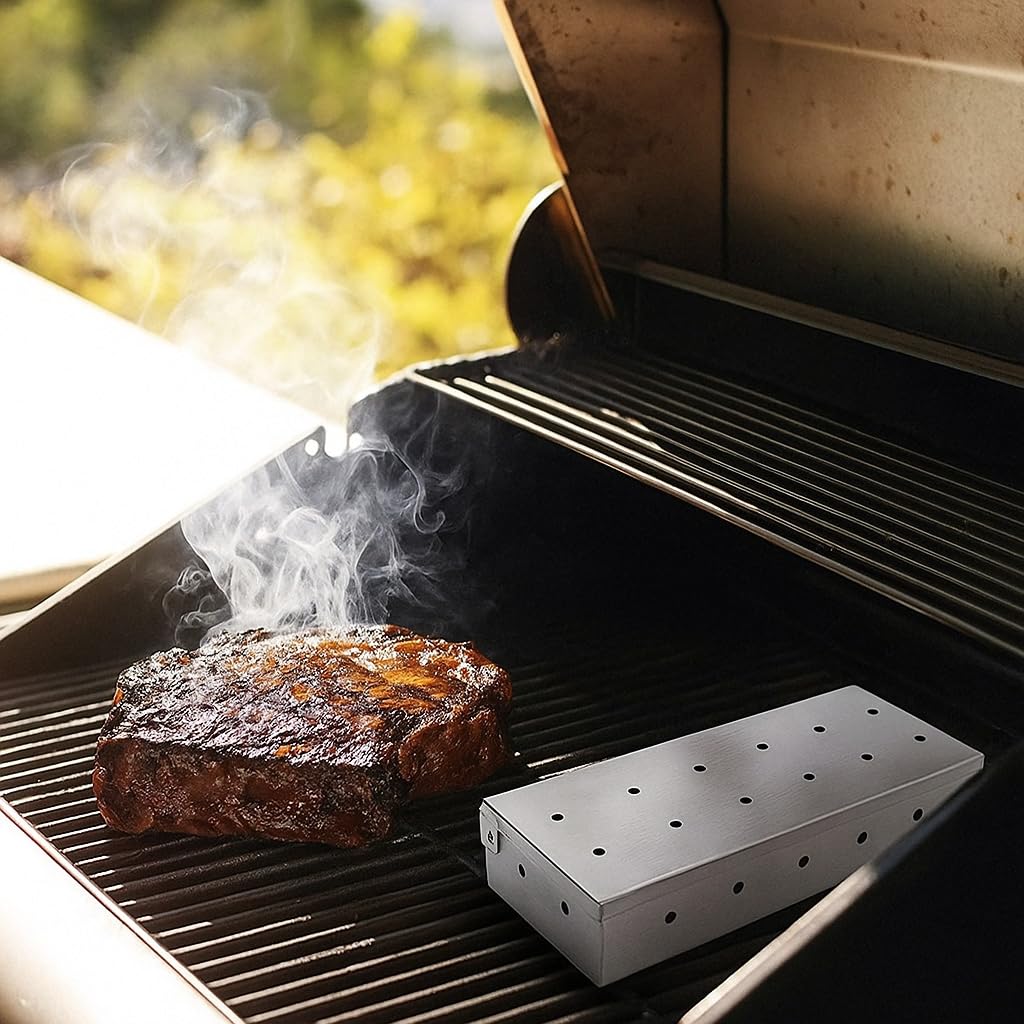 Scatola per affumicare, scatola per affumicare in acciaio inox per barbecue, scatola per affumicare alimenti, scatola per affumicare per barbecue a gas, per affumicatori, barbecue a carbone e a gas