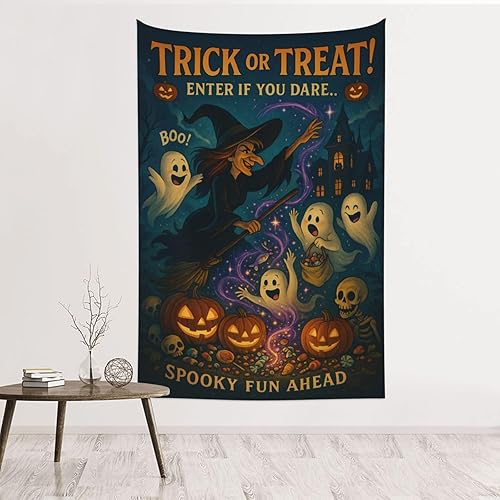 Halloween Tapestry Wall Hanging 60x40in, Trick or Treat Witch Ghost