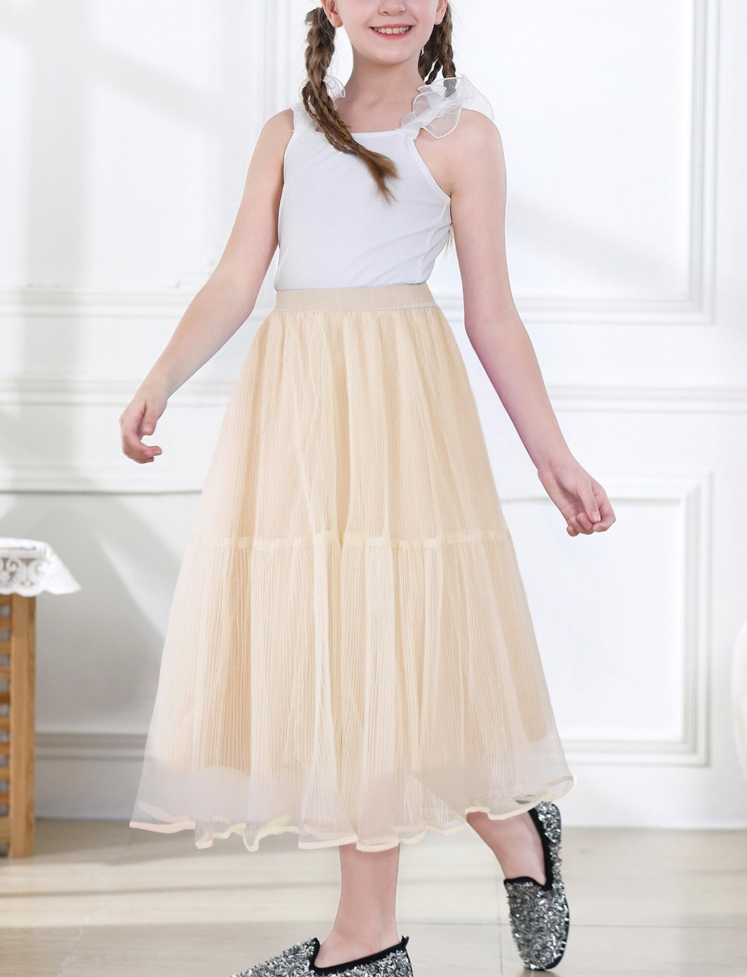 Jupe Mi Longue Fille en Tulle Jupe Princesse Enfant Fille Jupe Tutu Mousseline de Soie Taille Elastique Mariage Fête Anniversaire