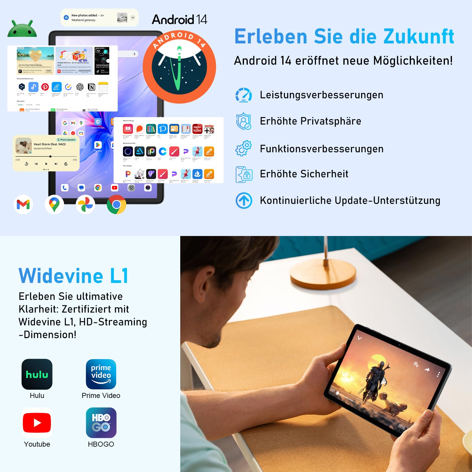 Blackview Tab60 WiFi Tablet 10 Zoll, PC Tablet Android 15, 12GB(4+8Erweiterung) RAM+128GB ROM(2TB TF), Octa Core WiFi 6, 1280 * 800 HD, Widevine L1, 5100mAh, Dual Kamera 5MP+8MP, BT 5.2