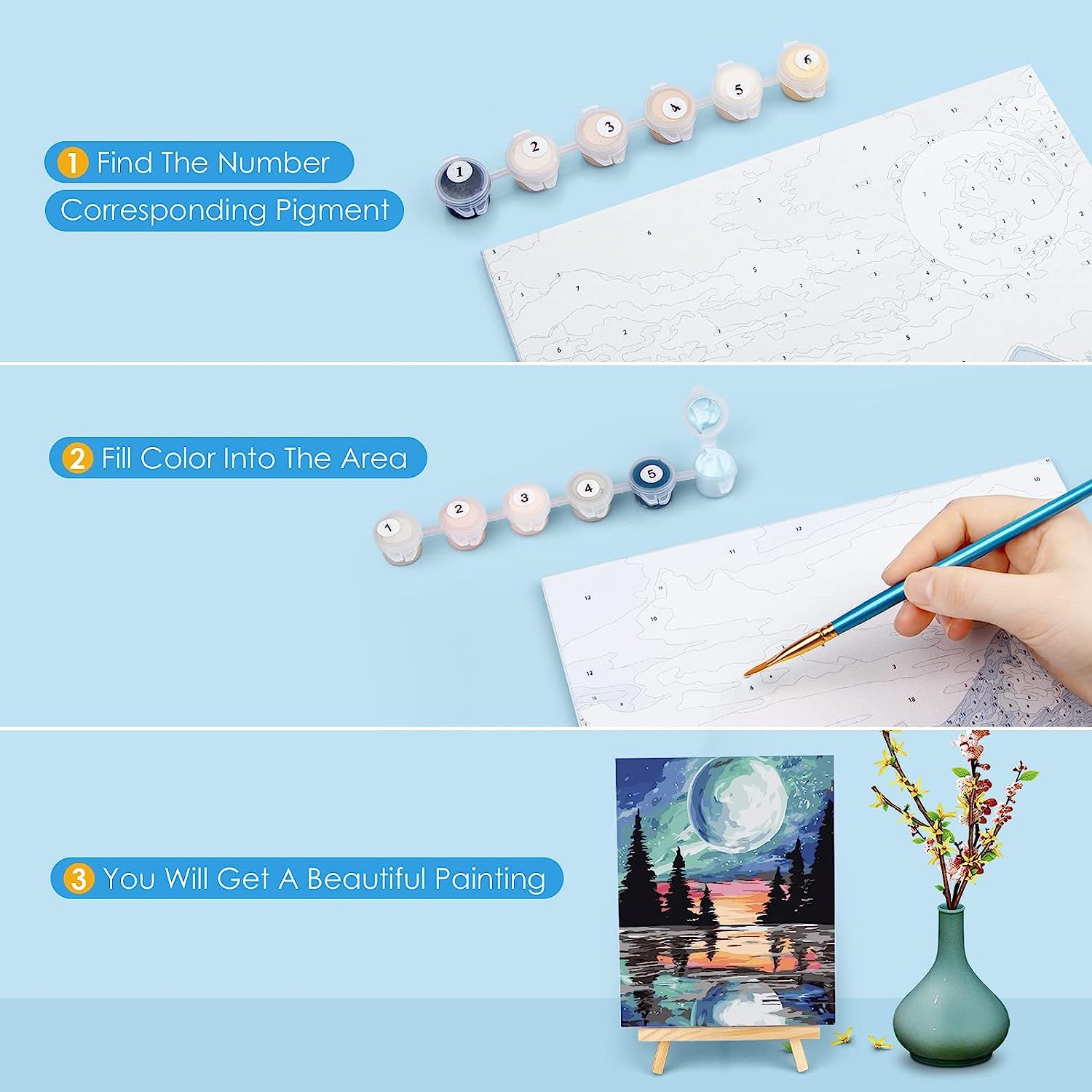 Pack De 4 Pinturas Por Números Con Marco Para Adultos – Lienzos De 20x30 Cm Con Caballete Y Pinceles, Incluye Paisaje De Cielo Estrellado, Ideal Para Principiantes