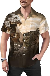 Dinosaur on The Rock Mens Shirts Hawaiian Short Sleeved Cuban Collar Graphic Tees Tops