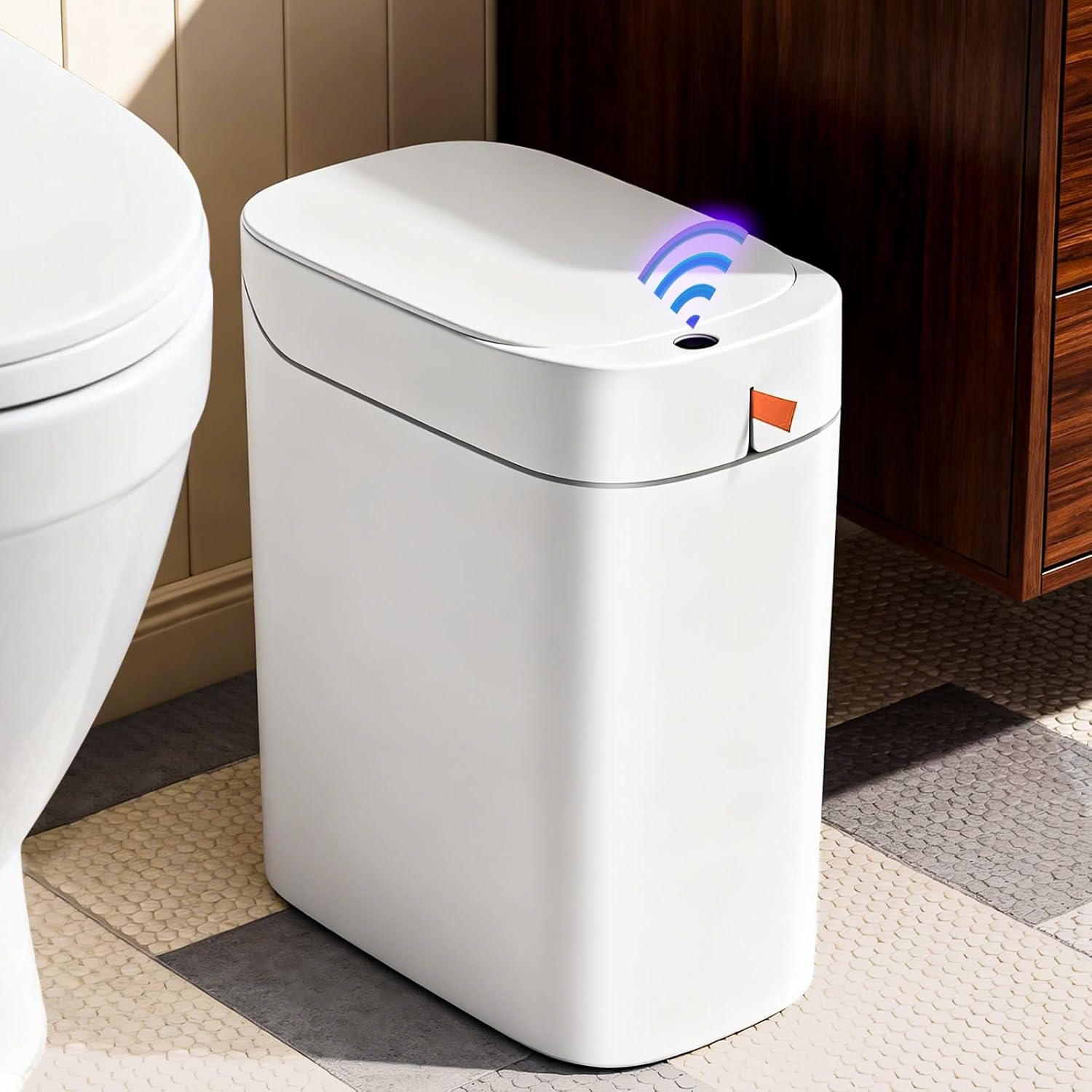 MOPUP Bathroom Trash Can, Automatic Bagging Garbage Can, 3.5 Gallon Slim Smart Small Plastic Trash Bin, Narrow Motion Sensor Trash Can for Bedroom, Office White