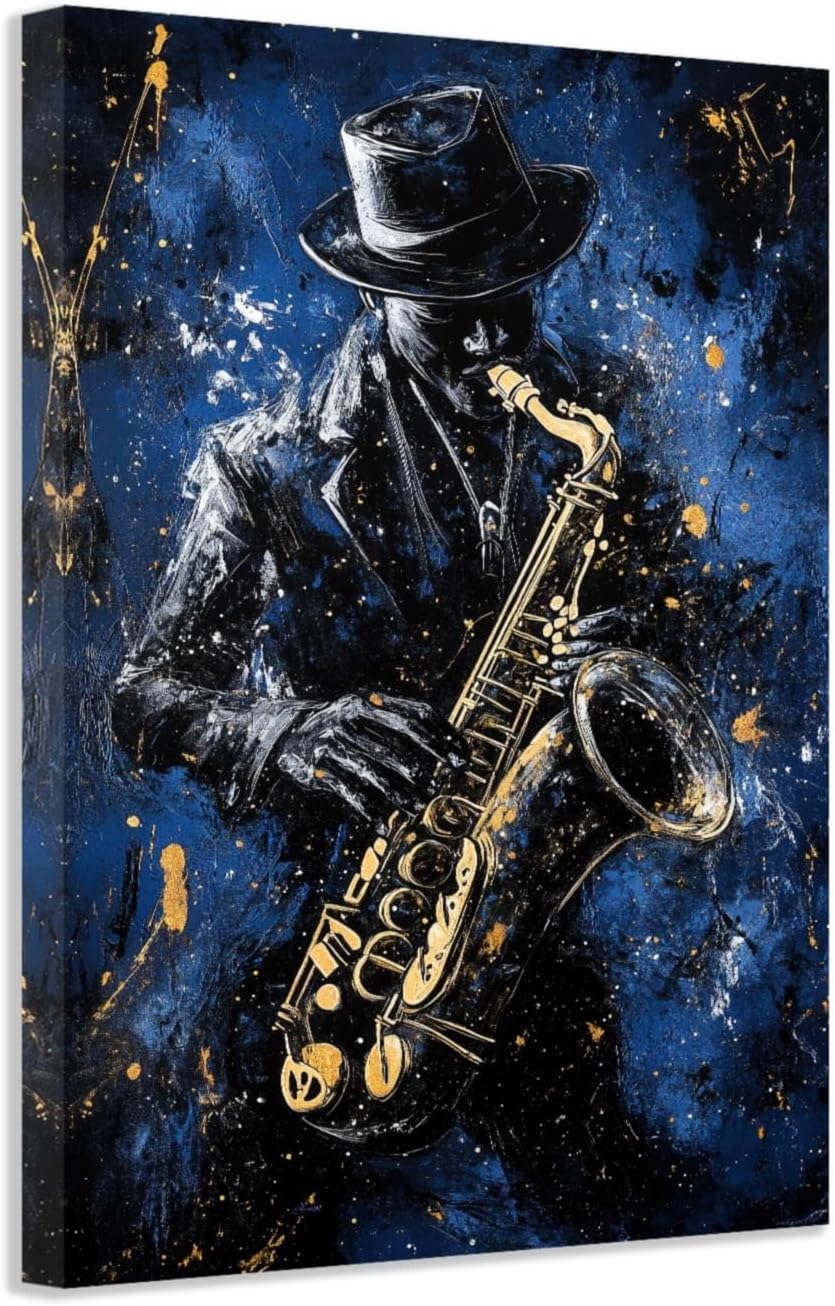 SWQYLB Black Music Wall Art Abstract Jazz Wall Decor African American Painting Canvas Musical Instruments Pictures Classroom Music Men Room Decor Framed (Black, (12.00" x 18.00"))