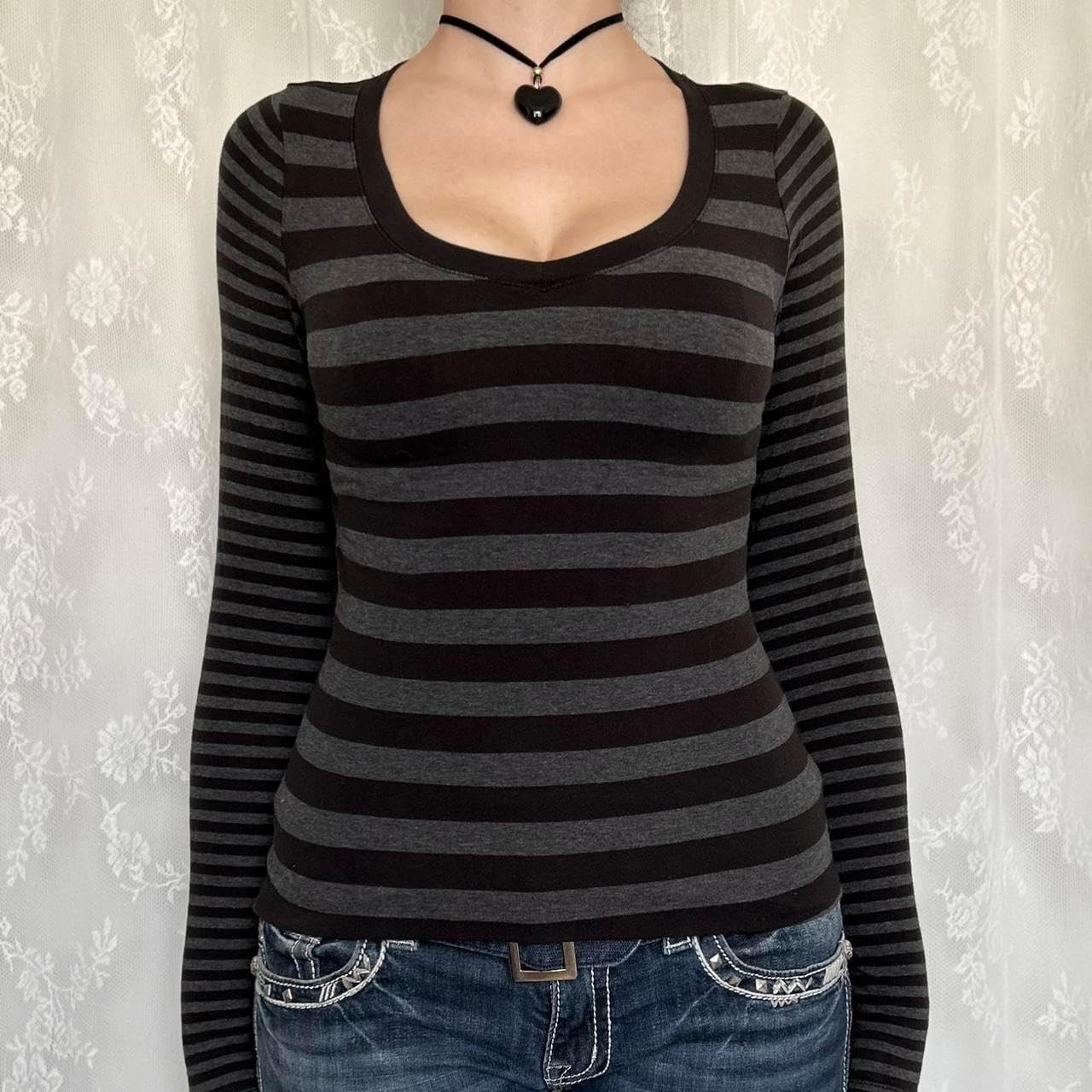Y2k Striped Long Sleeve Shirts for Women V Neck Color Block Slim Fit Shirt Tops Fairy Grunge Aesthetic Tops - Image 2