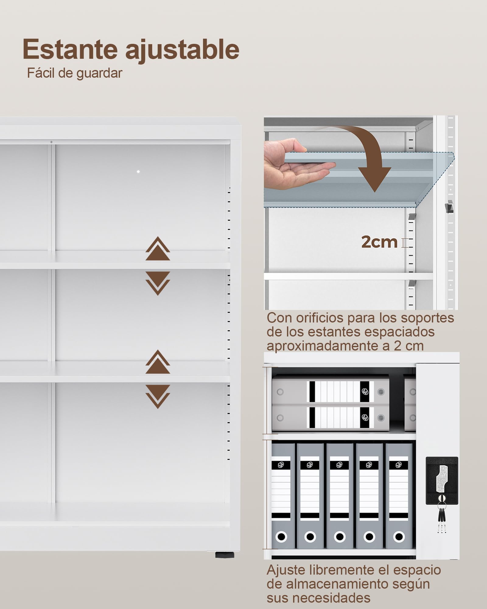 LAND·VOI Armario de Acero 3 Estantes con Cerradura Estantes Ajustables Puertas Dobles Armario de Oficina Mueble de Metal para Oficina Garaje Cocina Taller 80×40×91.5 cm Blanco