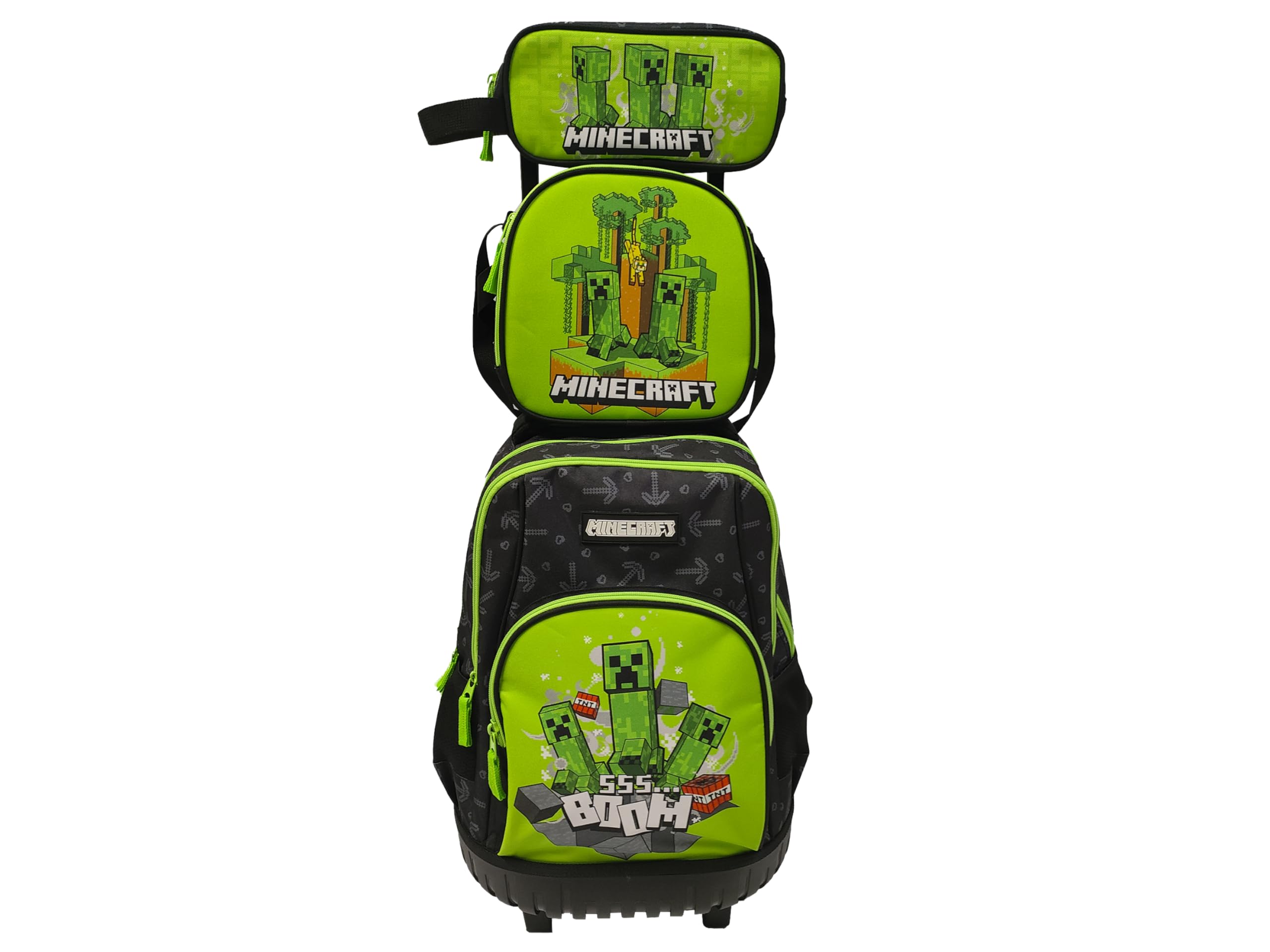 Set Trolley Compacto, Escolar, Viaje, 3 Pcs,Lonchera, Estuche, Color Verde, Producto Oficial, Minecraft