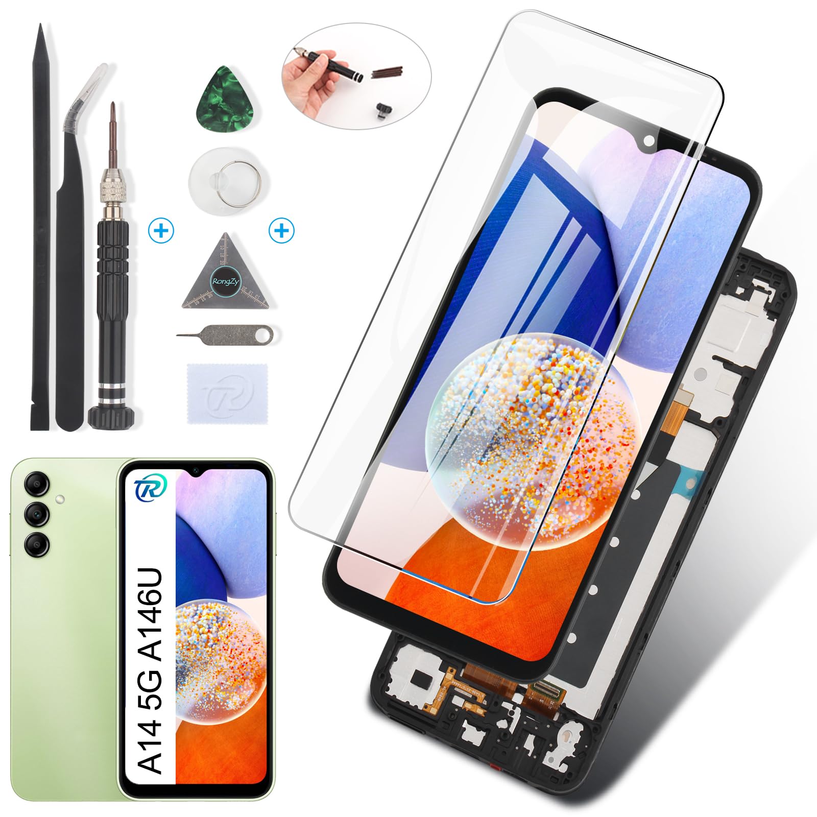 RongZy LCD Display für Samsung Galaxy A14 5G A146U A146P Touchscreen und LCD Bildschirmersatz mit Reparatur Werkzeuge Kit(Schwarz mit Rahmen)