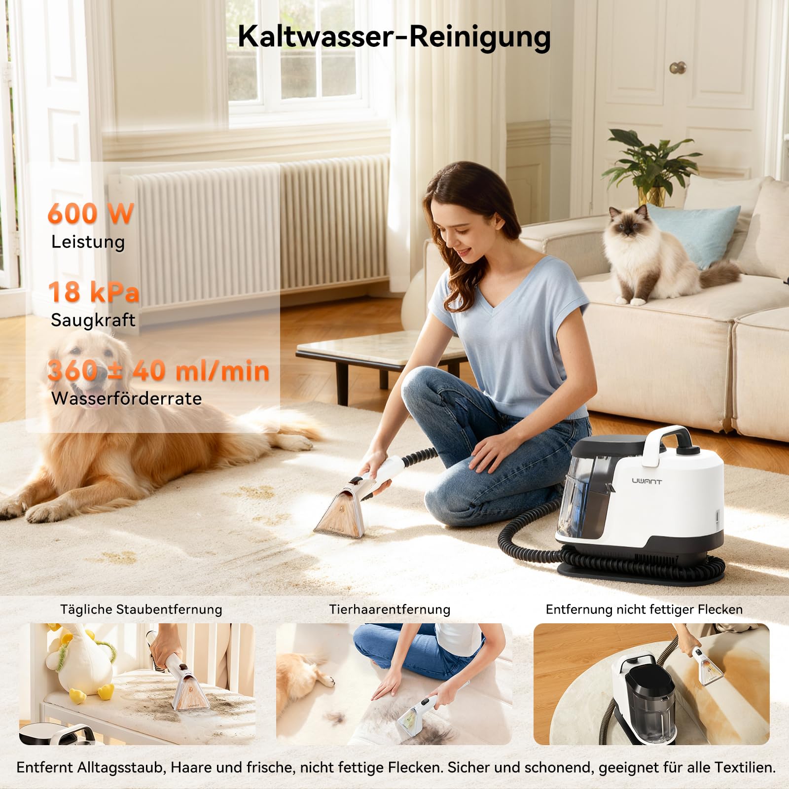 Uwant Y100 Steam Polsterreiniger Gerät, 3-in-1 Nasssauger für Sofa, Teppich und Auto mit 18KPA, 100°C Heißdampf, 65°C Heißwasser, Kaltwasser. Selbstreinigung, Multi-Bürstenkopf & 500ml Teppichreiniger