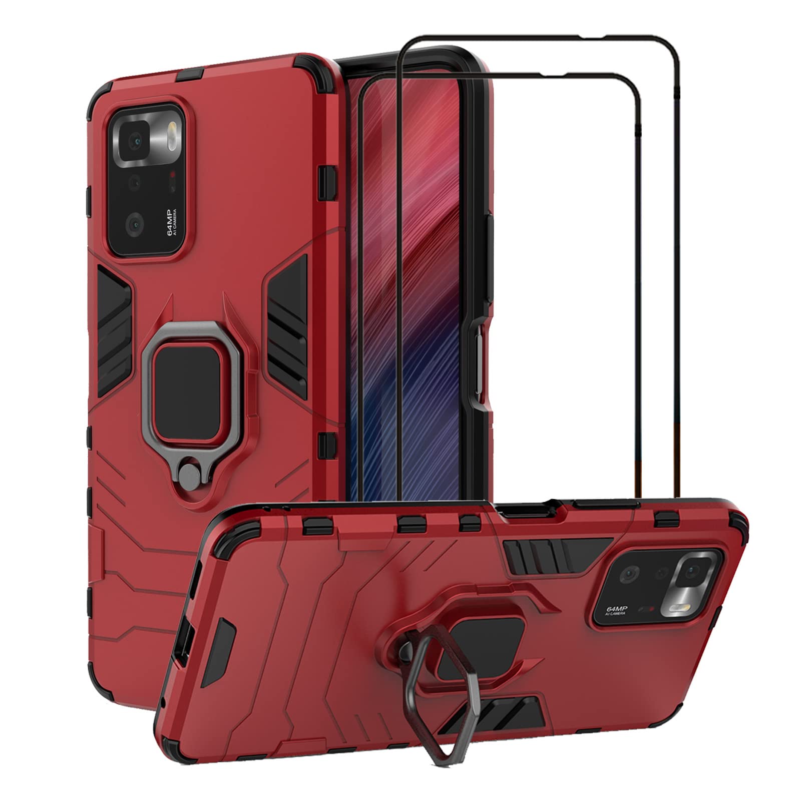 for Xiaomi Poco X3 GT/Redmi Note 10 Pro 5G Kickstand Case with Tempered Glass Screen Protector [2 pieces], Hybrid Heavy Duty Armor Dual Layer Anti-Scratch Case Cover, Red