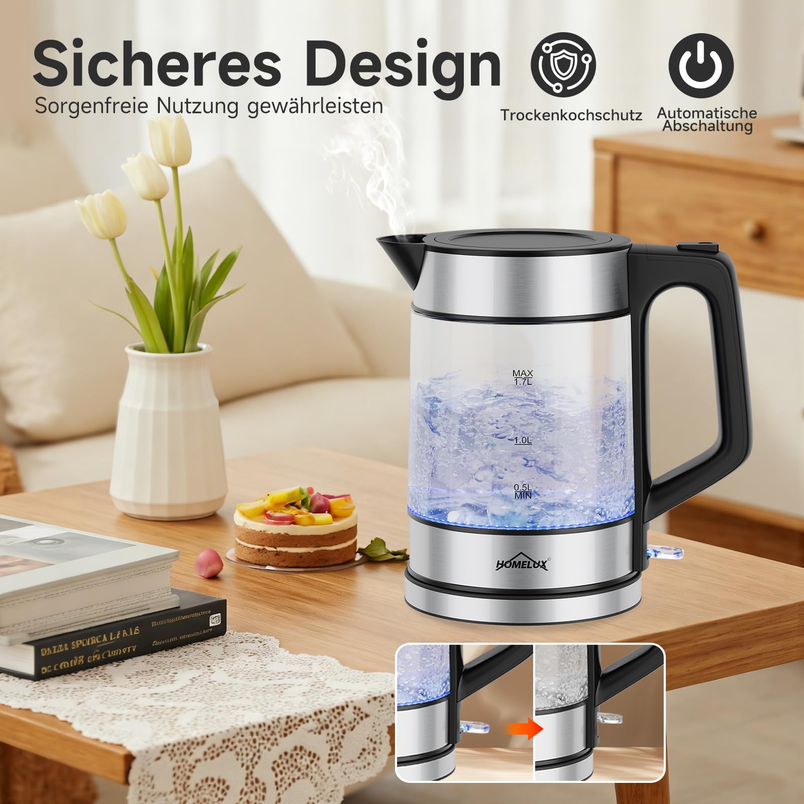 Hervidor de cristal 1.7 con ajuste de temperatura, 2200 W Kettle transparente, con base de 360 °, iluminación LED, apagado automático de la corriente y apertura de la tapa, protección contra la
