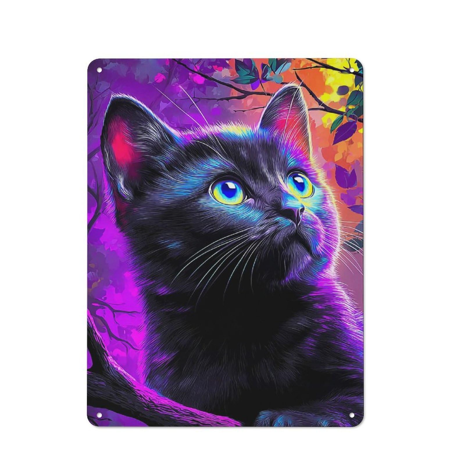 Junmoney Neon Cat In Vibrant Forest -1 Understated Decorative Metal Sign 40X30cm Featuring Study Room Decor For Workspace, Cafe, Shop Or Desk Area
