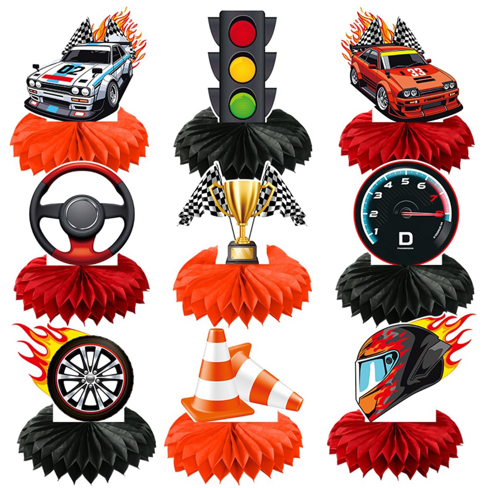 Nymora 9-Piece Honeycomb Ornament Set - Racing Car Birthday Party Decorations with Hot Wheels,Racing-Themed Cake Topper for Kids — image 1