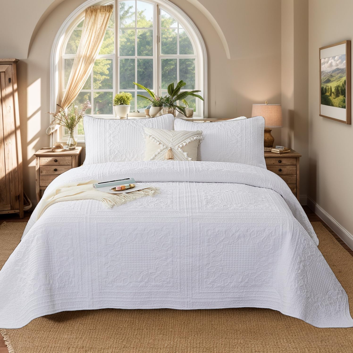 Brandream White Quilts Cotton Queen Size Quilted Comforter Set Farmhouse Matelasse Bedspreads 3-Piece