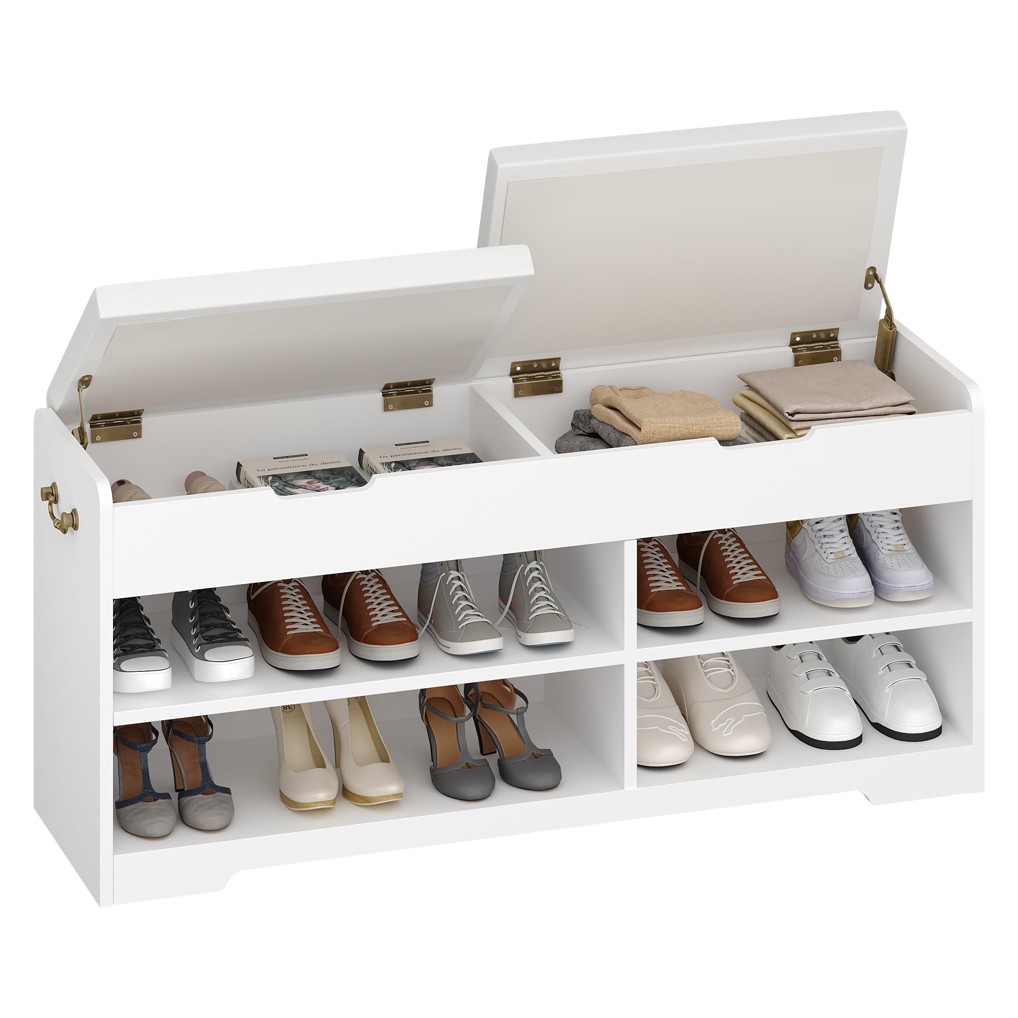 Hzuaneri Schuhbank, Schuhregal mit 2 gepolsterten Regalbänken, multifunktional, für Wohnzimmer, Flur, Schlafzimmer, 150 kg, 30 x 105 x 48 cm, weiß SB11403X