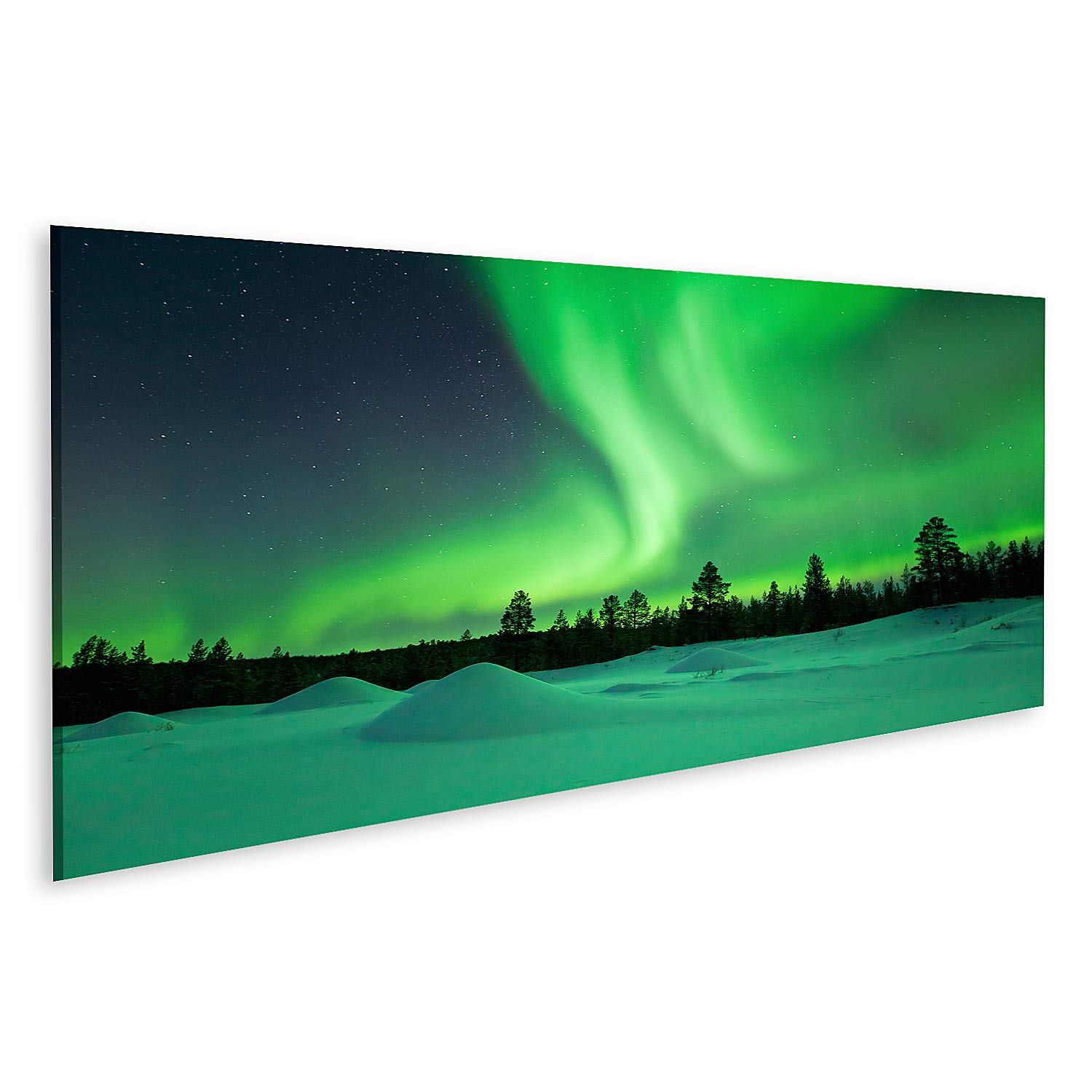 islandburner Aurora Borealis Über Winterlandschaft Finnisch Lappland Spektakuläre Nordlichter - Leinwand 120x40cm - Panorama