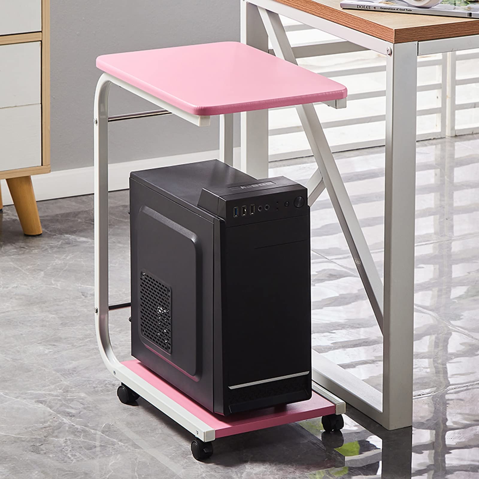 Supporto per stampante Supporto for stampante a 2 livelli con ruote girevoli Home Office Ripiano for stampante mobile Supporto for CPU Carrello PC Laptop Tavolo in piedi Tavolo per stampante(Pink)