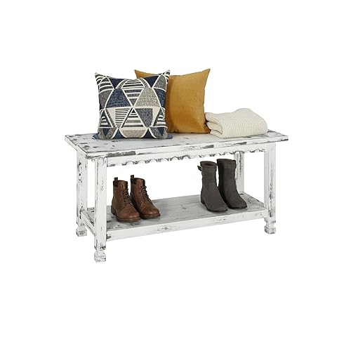 Country Cottage 36-Inch Farmhouse Entryway Bench with Storage Shelf –