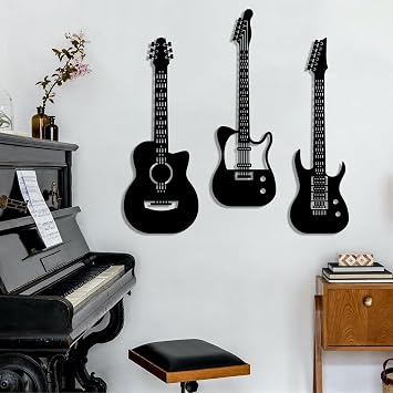 Metal Guitar Wall Art, Music Wall Decor set of 3, Guitar Wall Hangings Signs, Large Music Room Decor, Bass Decor, Metal Wall Art for Living Room, Bedroom, Studio Black, 19"x21" | 47x54cm, metal wall art