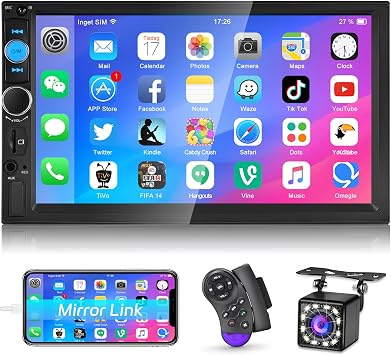 NHOPEEW Double Din Bluetooth Car Stereo - 7 Inch Touch Screen Car Radio with Mirror Link/FM/SWC/EQ Audio/Seven Color Backlight/AUX/USB/SD Input + Backup Camera