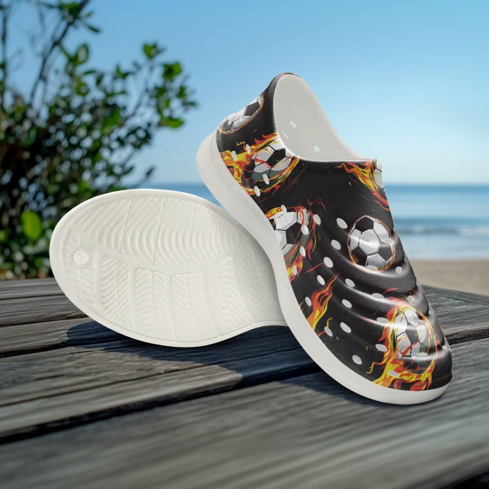 Watdotory Flame Soccer Print Slides for Kids Shower Slippers Bathroom Pool Sandals Boys Girls Comfy EVA Sole Summer Non-Slip Beach Shoes