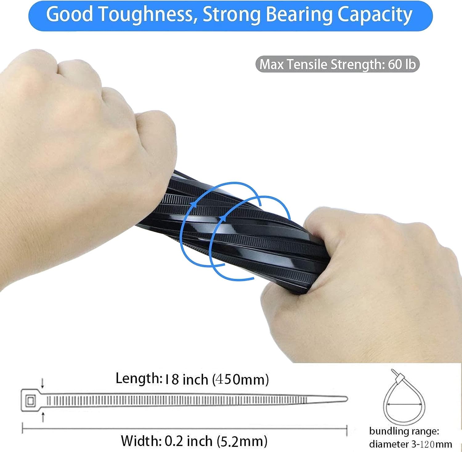 Zip ties 18 inch black Cable ties 100 pcs/Pack outdoor use wire ties with 60 Pounds tensile : Electronics