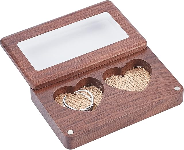 PandaHall Double Heart Ring Box, Rustic Ring Bearer with Easy Enclosure Engraved Wooden Pillow Ring Holder for Wedding Engagement Valentine's Day, 3.7x2.4x0.8/9.4x6x1.9cm