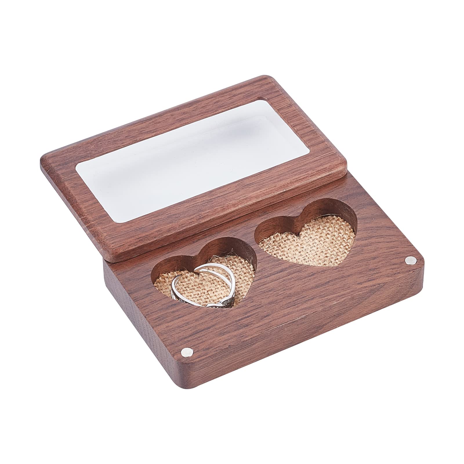 PH PandaHall PandaHall Caja de anillo de doble corazón, portador de anillos rústicos con recinto fácil grabado, soporte de anillo de almohada de madera para boda, día de San Valentín, 3.7x2.4x0.8/9.4x6x1.9cm