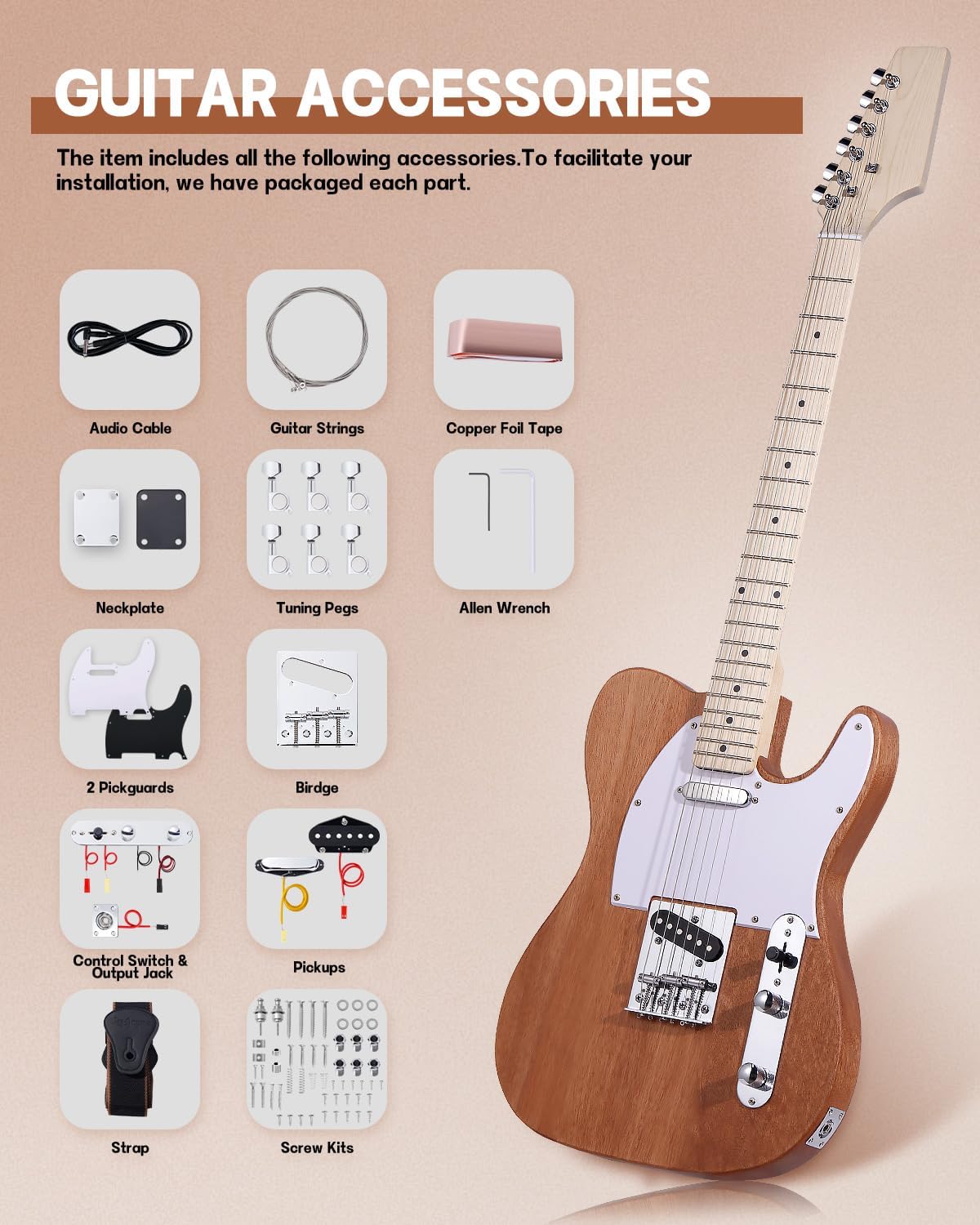Leo Jaymz DIY TL Style Electric Guitar Kits with Mahogany Body and Maple Neck - Maple Fingerboard and All Components Included（TL）