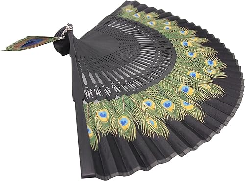 Miniatura 3 de Innolife Pavo real chino/japonés mano plegable ventilador bambú tallado marco seda artesanía ventilador (negro)