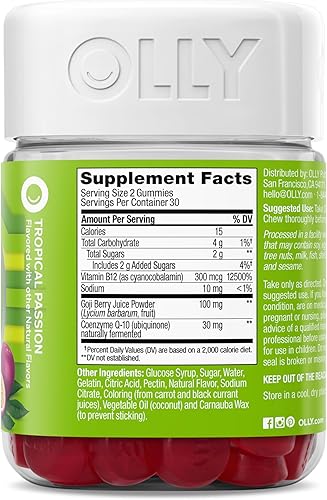 Vista 9 de Suplementos Olly Daily Energy pasión tropical gomosos sin cafeína para energía diaria; 60 unidades.