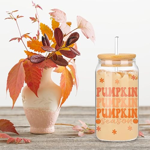 Miniatura 7 de Whaline Paquete de 2 vasos para beber de otoño de 16 onzas, taza de vidrio de flor de calabaza rosa, taza de café helado para otoño, Acción de