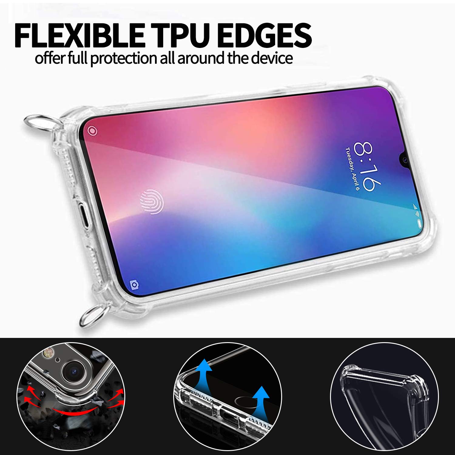Ingen Cover Xiaomi Mi A2 Lite Con Cordino: Custodia Trasparente TPU Antiurto, Tracolla Regolabile, Nero - 5