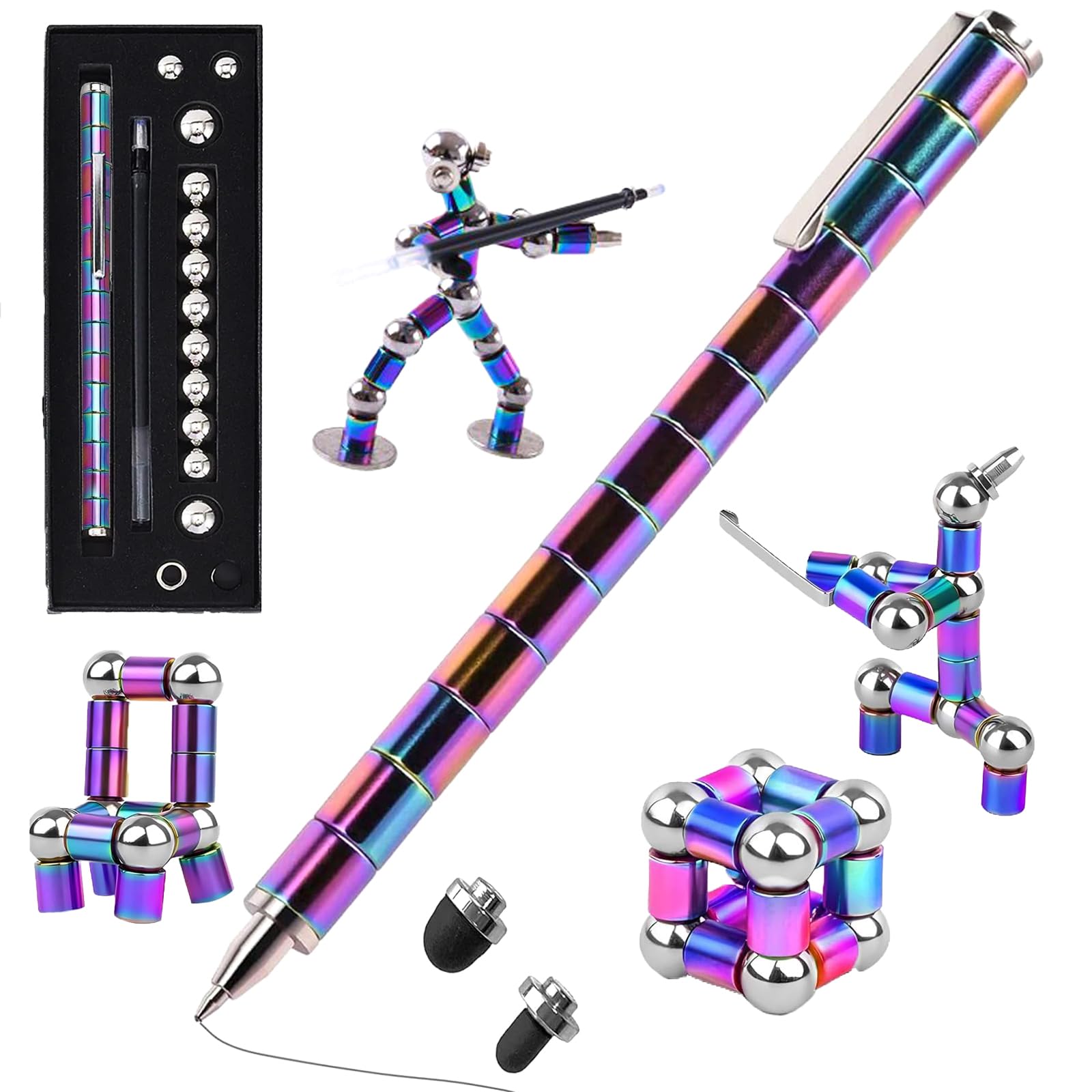 Aionly Fidget Magnetic Pen, Decompression Ballpoint Magnet Pen Fidget Toys For Ages 8-13, Christmas Stocking Filler Gift For Teenage Boys Girls 8 9 10 11 12 Years Old, Unique Gadgets (Rainbow)