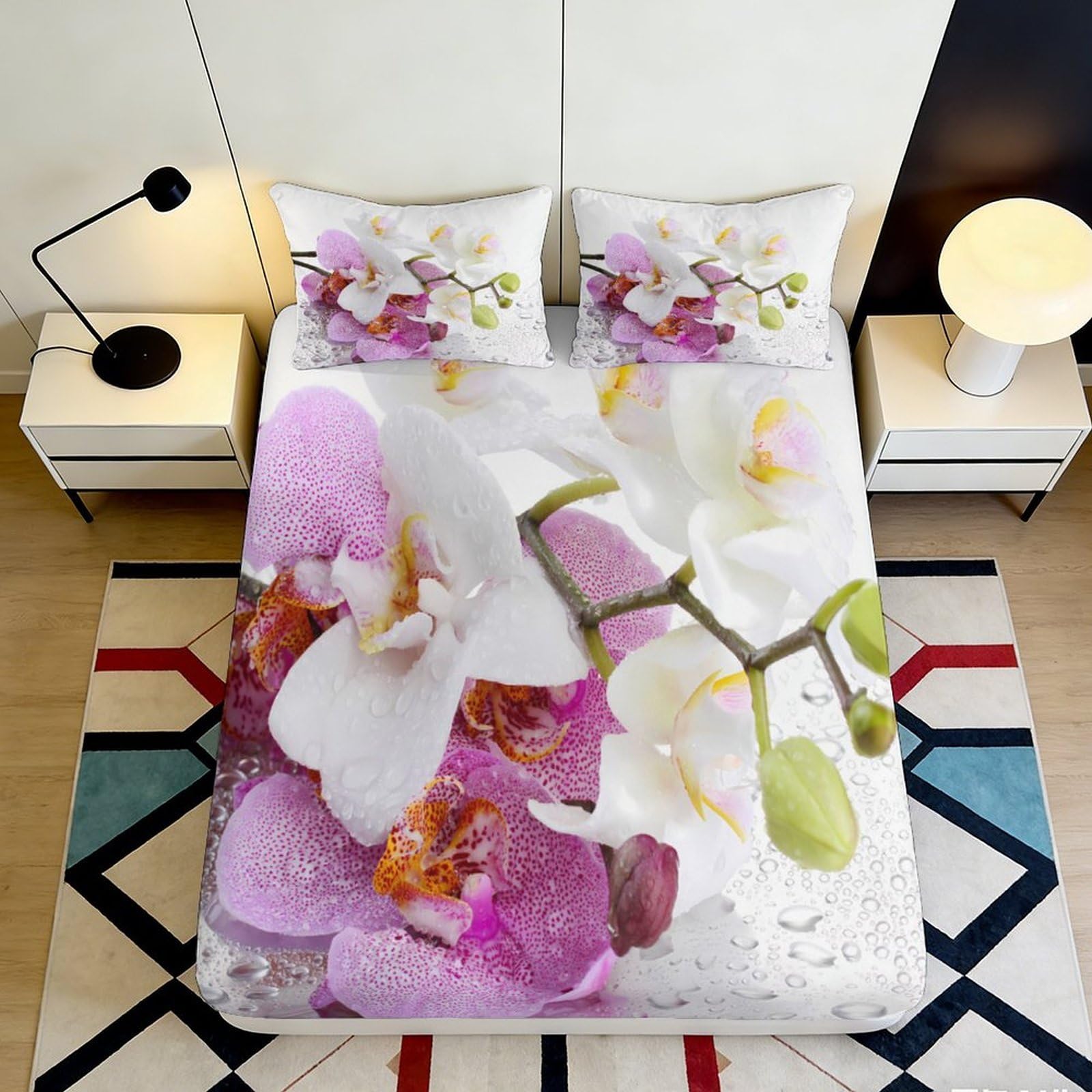 3D Printed Orchid Flower Fitted Sheet Microfiber Soft Pink White Blossom Bed Cover for Bedroom Dorm Mattress Protection Decor 90x200x25cm