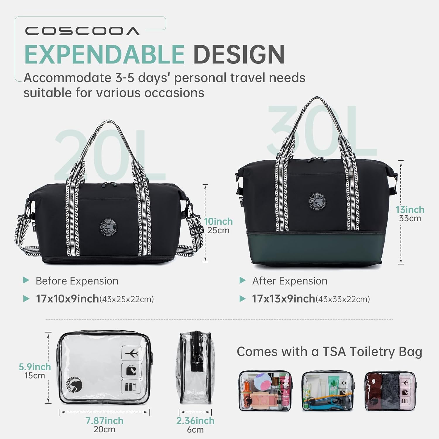 9x10x17 Personal Item Bag,Expandable 20-30L Weekender Overnight Tote Bag, United Airlines 17x10x9 inch Duffel Bag - Image 4