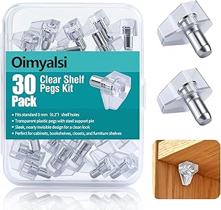 30 Pack Clear Shelf Pegs – 5mm Shelf Pins with Extended Steel Inserts – Transparent Support Pegs for Cabinet, Closet, Bookshelf – Strong Hold, Easy Installation