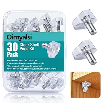 30 Pack Clear Shelf Pegs 5mm 3/16 Shelf Pins with Extended Steel Inserts Transparent Support Pegs for Cabinet, Closet, Bookshelf Strong Hold, Easy Installation