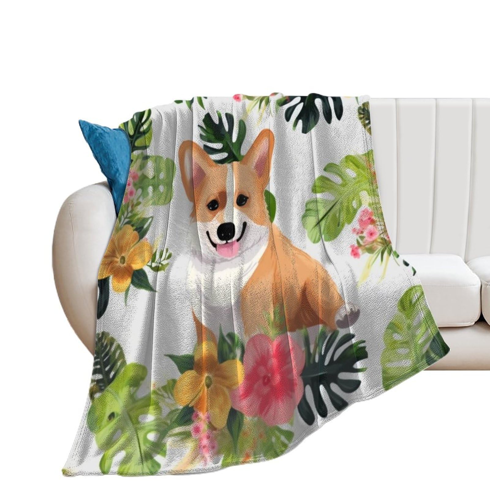 Couverture en flanelle corgi et fleurs tropicales 150x200 cm pour lit