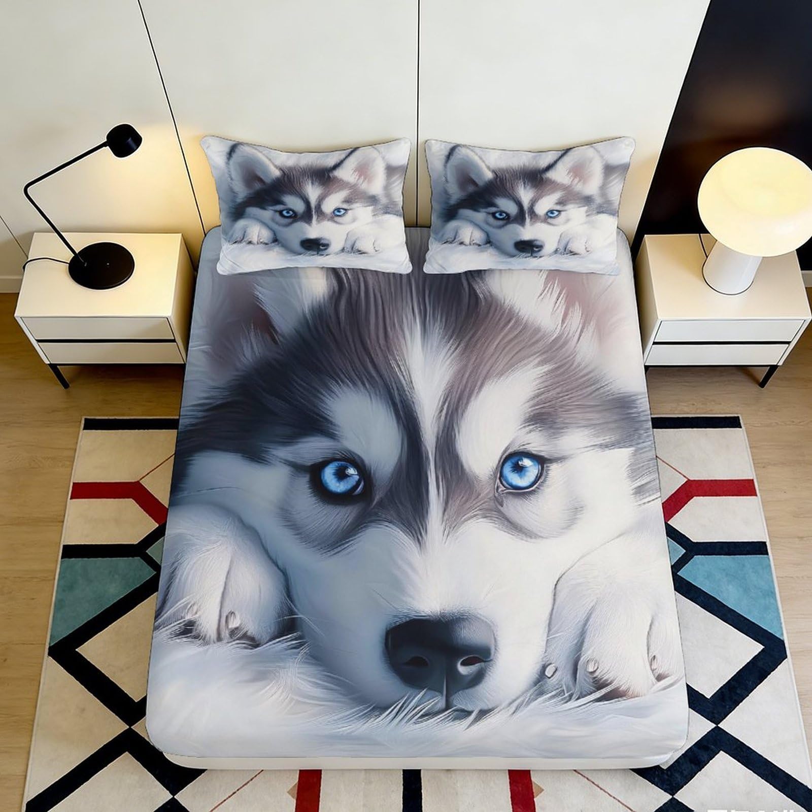3D Printed Husky Dog Fitted Sheet Microfiber Soft Blue Eyes Wolf Pattern Mattress Cover for Bedroom Dorm Decor 90x200x25cm