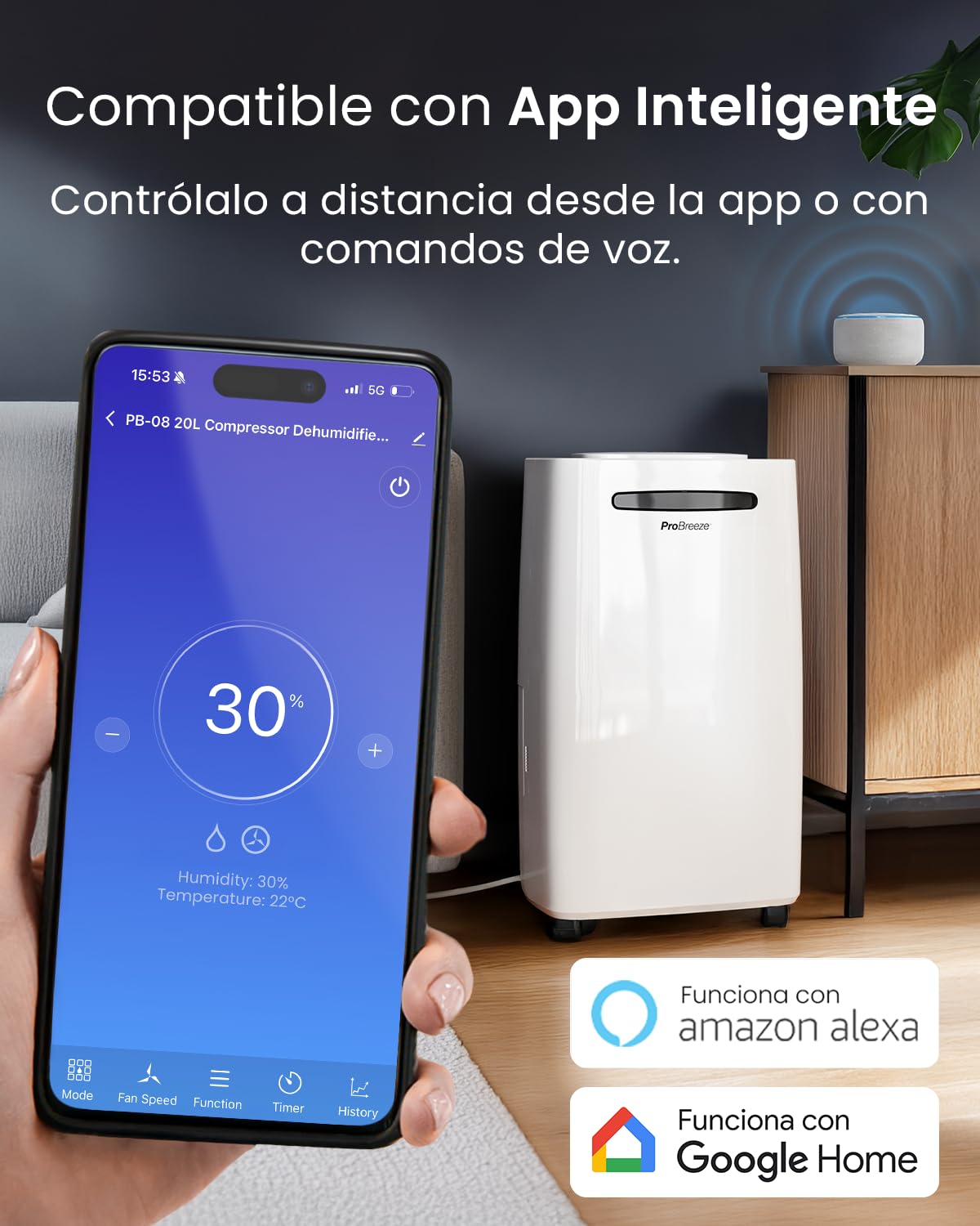 Pro Breeze deshumidificador inteligente 20L/día con Wi-Fi, sensor de humedad, modo ropa y drenaje continuo para condensación y moho en casa