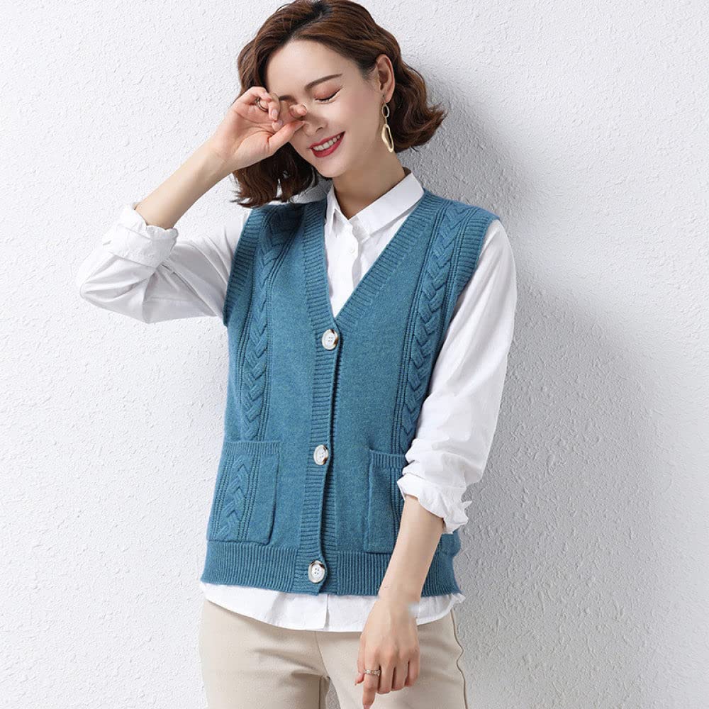 Pullunder Damen,Damen V-Ausschnitt Blau Grau Gilets Strickweste Gestreift Drehknopf Cardigan Mit Taschen Klassischer Ärmelloser Pullover Loses Tank Top Vintage Weste Preppy Style Pullover Uniform C