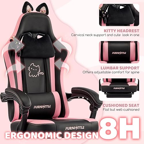 Miniatura 3 de Silla de juegos con reposapiés, sillas cómodas y femeninas para videojuegos con orejeras de gato, cojín de muelles de bolsillo, soporte lumbar de